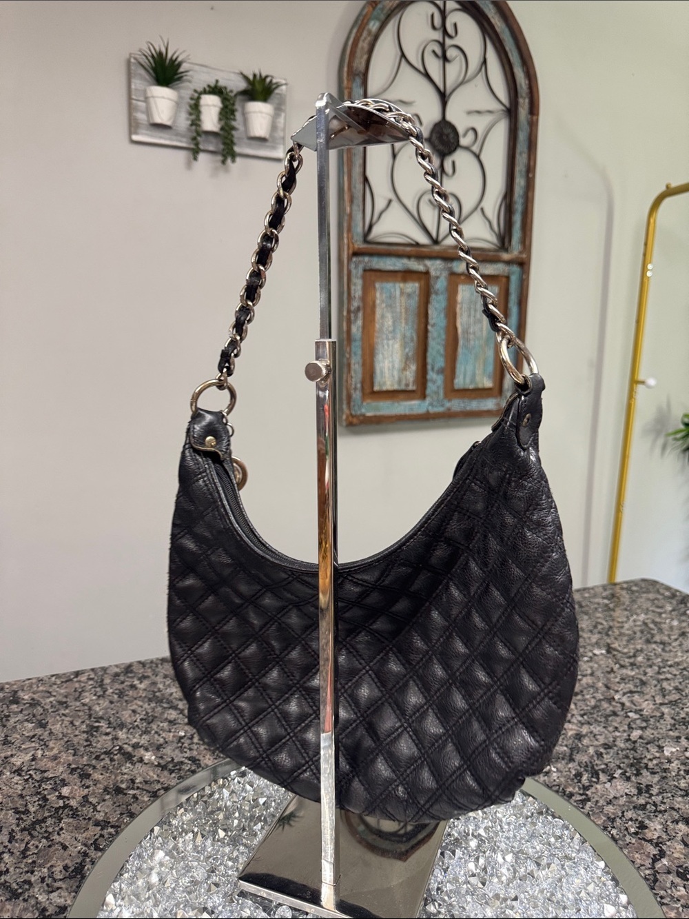 The Sak Black Quilted Leather Shoulder Bag with Brass Medallion chain strap - Picture 7 of 13